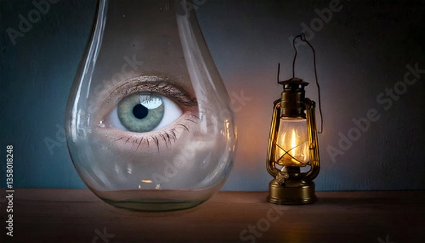 Fototapeta A surreal composition featuring an eye inside a glass vessel and a lantern. The contrast of light and shadow evokes themes of perception, isolation, and hidden knowledge.