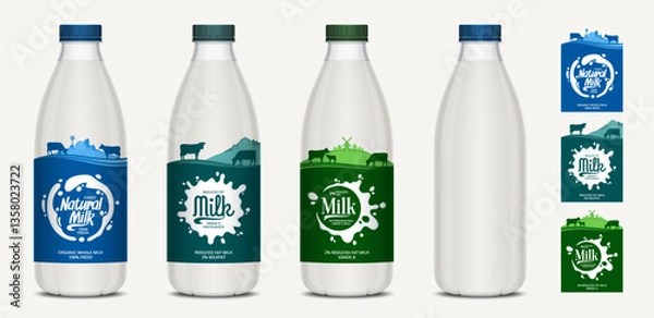 Fototapeta Vector milk labels with farm, cows and calves. Milk plastic bottles with labels