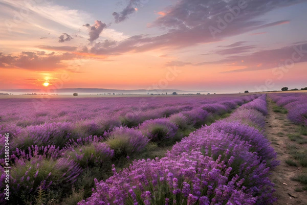 Fototapeta A breathtaking lavender field in full bloom stretches to the horizon under a vibrant sunset sky, with rows of purple flowers, a winding dirt path, and distant hills bathed in warm golden light