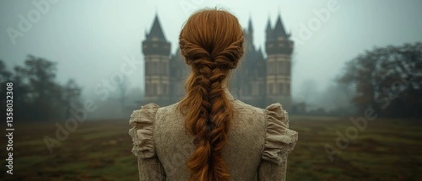 Fototapeta Redhead woman in a beige dress, long braid, standing with back turned towards a misty castle in the background