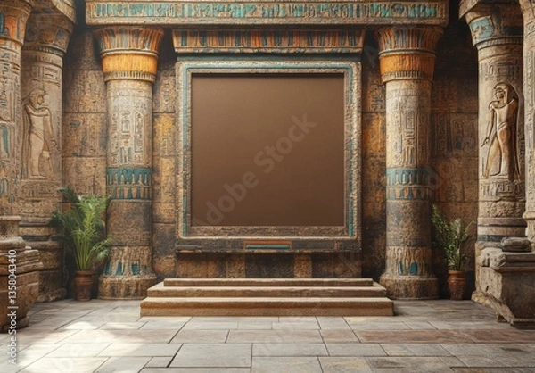 Fototapeta Egyptian temple columns surround the ancient frame and textured walls, with stairs showing stone floor in the vintage interior