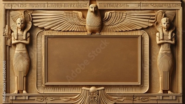 Fototapeta Egyptian carving sculptures display pharaoh statues and blank frame with eagle on an ornate stone background