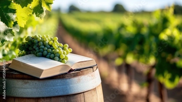 Fototapeta Open book and grapes on wine barrel in vineyard