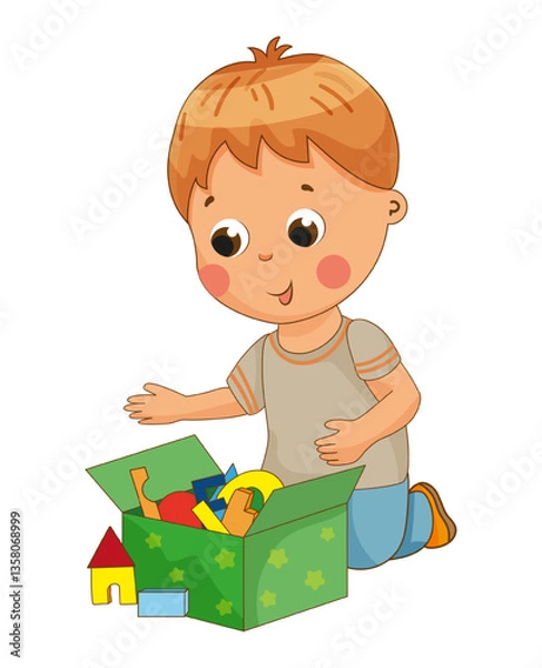 Fototapeta Detailed vector illustration of a boy playing with colorful toy blocks from a box, enjoying creative playtime. The scene highlights childhood development and fun.