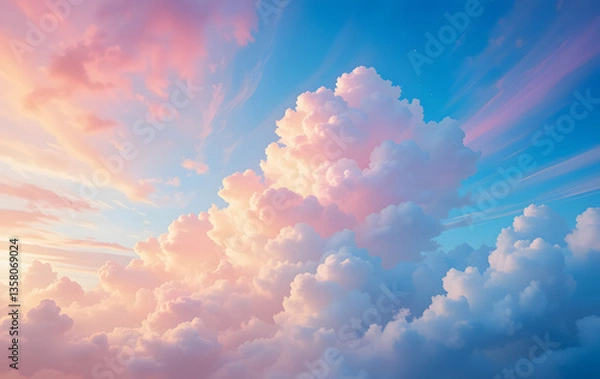 Fototapeta Beauty sweet, pastel orange and blue, colorful with fluffy clouds in the sky. multi color rainbow image. Abstract fantasy growing light. Beauty smooth abstract sweet pastel cloudy on sky