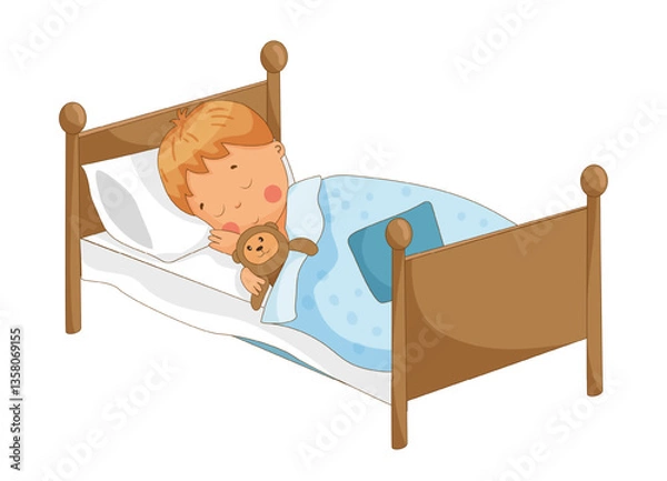 Obraz Peaceful vector illustration of a boy sleeping soundly in a bed with a teddy bear. The scene conveys a moment of rest and comfort.