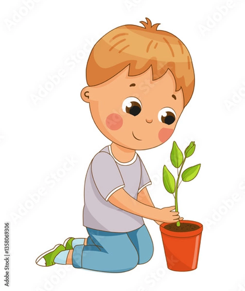 Fototapeta Charming vector illustration of a boy planting a small seedling in a pot. The scene highlights a moment of growth and care for nature.