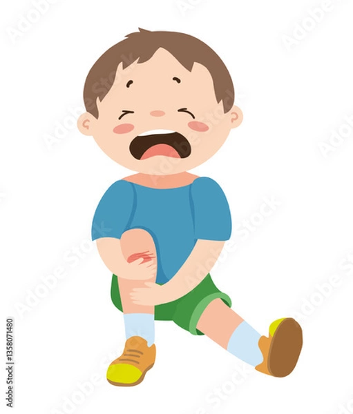 Obraz Detailed vector illustration of a boy crying with an injured knee, expressing pain. The scene captures a moment of childhood injury and emotion.