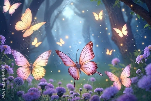 Obraz Enchanting Pastel Butterflies and Luminous Fireflies in a Whimsical Fantasy World for Children's Imagination