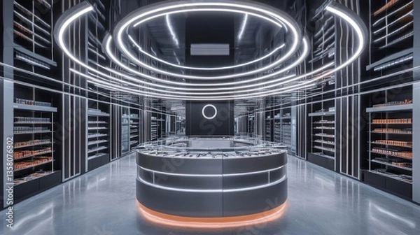 Fototapeta Modern Retail Store Interior Design Featuring Sleek Shelving and Circular Lighting