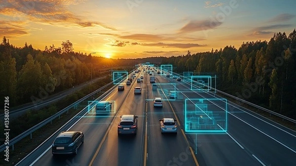 Obraz Sunset highway scene with digital overlays on vehicles, suggesting autonomous driving technology