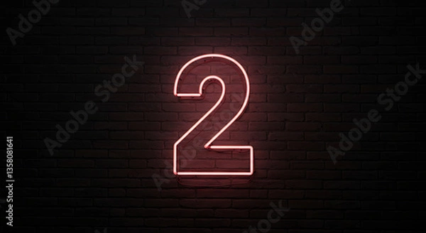 Obraz A high-quality digital design of a glowing neon sign displaying the number "2" in bold, modern typography. The neon tubes emit a soft, colorful glow, casting realistic light reflections on the texture