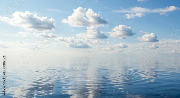 Fototapeta A smooth water surface with gentle ripples forming naturally. The reflections of the sky and light create a soft, calming atmosphere.
