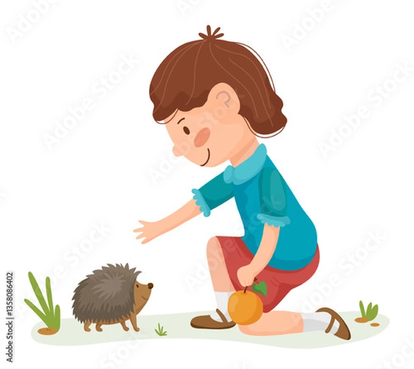 Fototapeta Vector illustration of a boy crouching down and looking at his pet hedgehog in a grassy scene. The scene captures a child interacting with a wild animal.