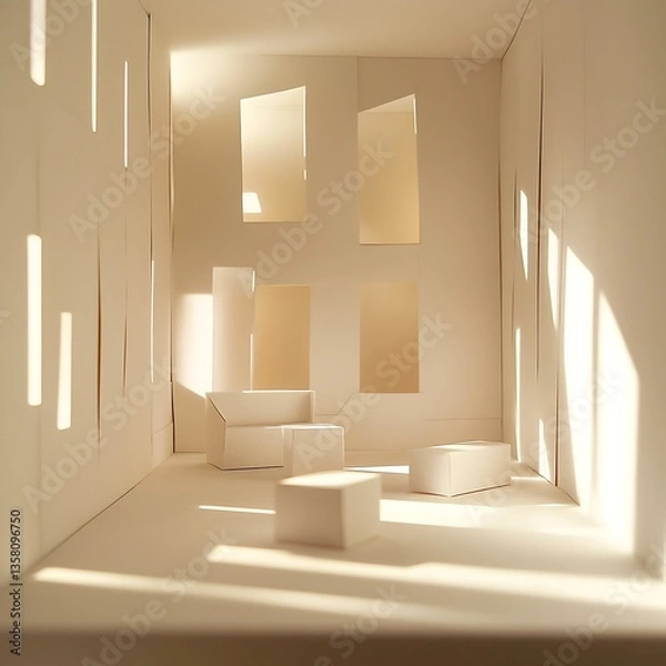 Obraz 식물과 가구가 있는 햇살 가득한 미니멀 실내 공간, AI 생성