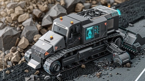 Fototapeta Futuristic, tracked heavy machinery removes rubble on asphalt