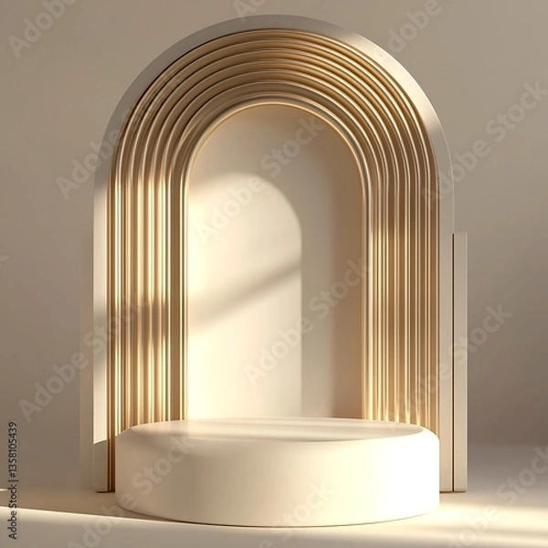Obraz 아치형 디자인과 조명을 활용한 크림 톤의 미니멀한 포디엄, AI 생성