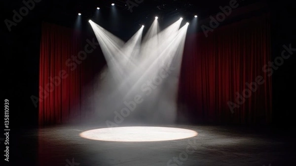 Obraz Empty stage with spotlights focused on center and red curtains