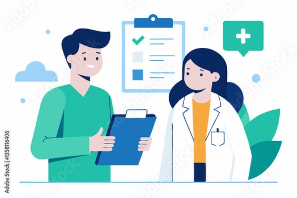 Fototapeta A doctor in a white coat is discussing health issues with a patient who holds a clipboard. They are in a contemporary medical office filled with plants and charts