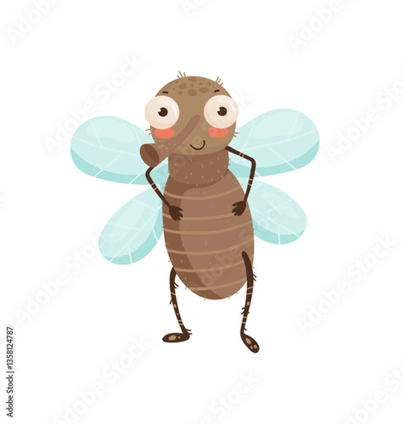 Fototapeta Vector illustration of a cute fly with big eyes and light blue wings.