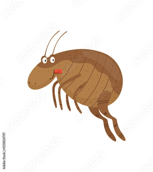 Fototapeta Vector illustration of a cute, brown flea cartoon character, jumping.