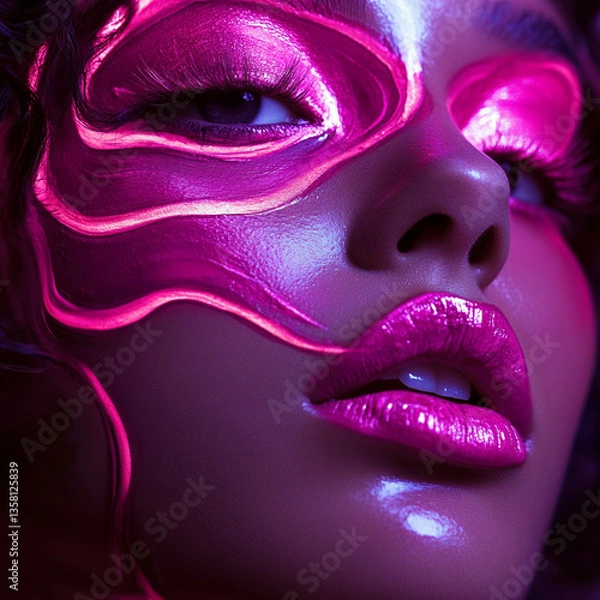 Fototapeta Creative portrait with vibrant pink face art and glow