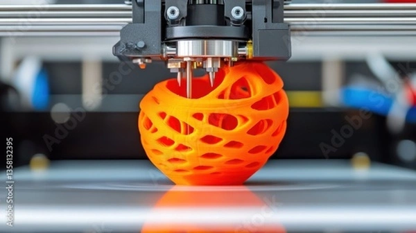 Fototapeta Three dimensional printer creating an orange lattice sphere