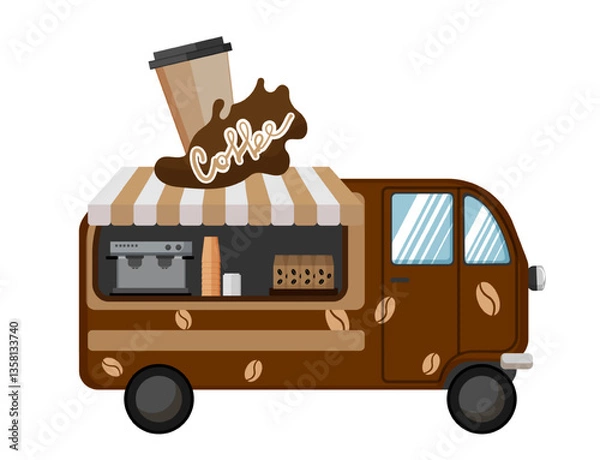 Obraz Vector illustration of a food truck selling coffee, featuring a brown design with a coffee cup illustration. The scene captures a beverage service vehicle.