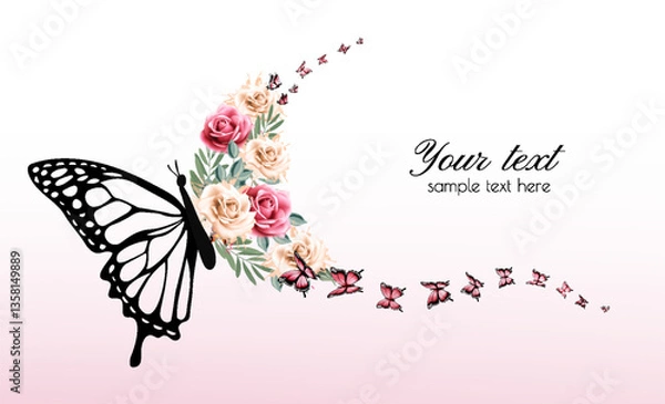 Fototapeta Beautiful natural abstract background. Butterfly with wings made of colorful flowers. Vector.