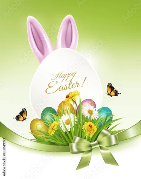 Obraz Holiday gift card with easter eggs and spring flowers in grass. Vector.