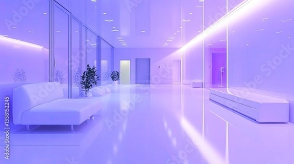 Fototapeta Modern futuristic hallway with purple lighting and white furniture