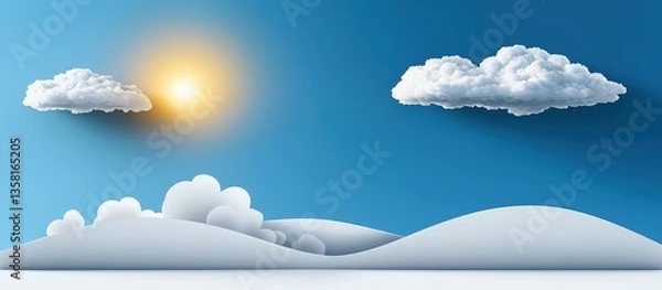 Fototapeta Bright Blue Sky with Sun and Fluffy Clouds Over Rolling Hills