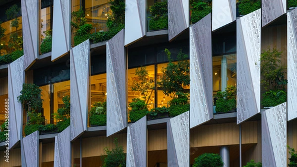 Fototapeta Osaka, Japan - Sep 25 2024, A close-up view of the facade of a modern Hanshin Department Store skyscraper, with hydrangea and trees growing on windows, without people, at daytime, Osaka, Japan