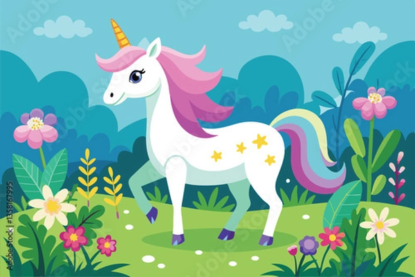 Fototapeta A unicorn wanders through a vibrant meadow, surrounded by various flowers under a bright sky, Unicorn in the meadow with flowers