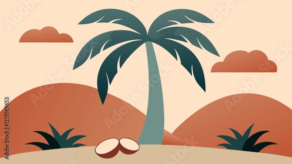 Fototapeta Palm tree on island. Minimalist desert island with palm and warm gradient sky. Retro tones, flat vector. Concept: eco brand, tropical-themed blog, surf club logo.