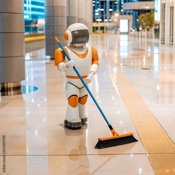 Fototapeta A robot sweeping a shiny floor in a modern building with columns and bright lights in the background