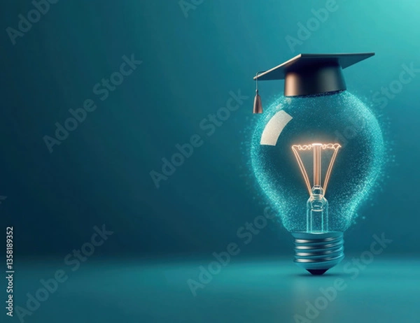 Fototapeta An innovative educational image showcasing a bachelor cap and a light bulb on a blue background. photo
