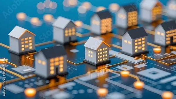 Fototapeta Miniature houses connected on a digital circuit board with glowing lights
