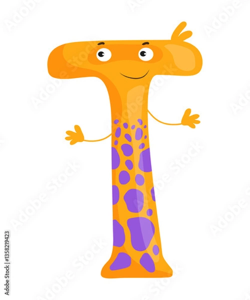 Obraz Vector illustration of the letter T as a monster character, featuring an orange and yellow design with eye and mouth. The scene captures a playful alphabet letter.