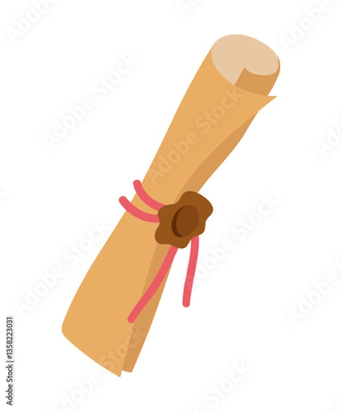 Obraz Charming vector illustration of a rolled pirate scroll tied with a red ribbon. The scene captures a vintage and adventurous feel.