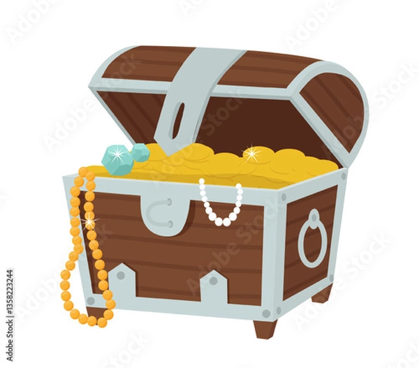 Fototapeta Vivid vector illustration of a wooden pirate treasure chest filled with gold coins and jewels. The scene captures a treasure and wealth element.