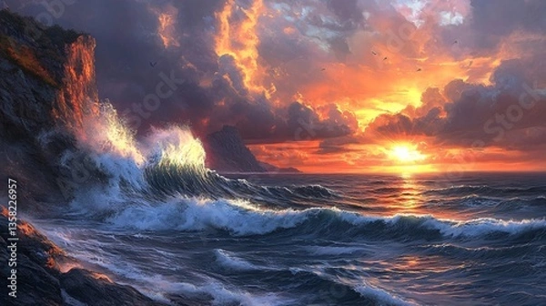 Fototapeta Waves Crashing Against Rugged Coastal Cliffs at Sunset
