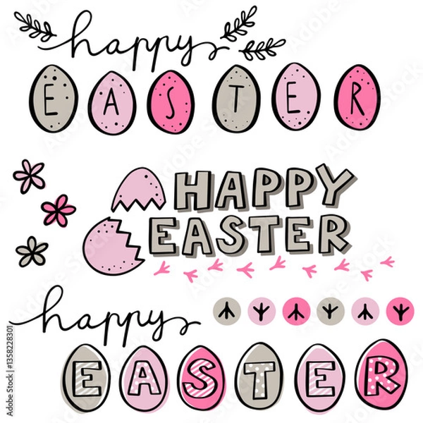 Fototapeta happy easter wishes colorful hand drawn header   original typographic text with illustrated elements isolated on white background