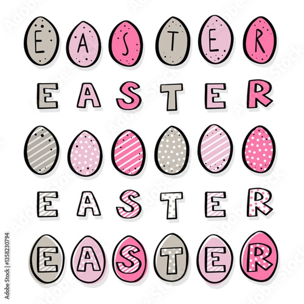 Fototapeta happy easter colorful doodle card with hand drawn painted eggs and english original typographic text; square composition with illustrated elements isolated on white background