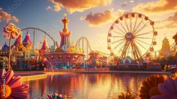 Fototapeta A breathtaking visual of sunset casting shadows over rides.