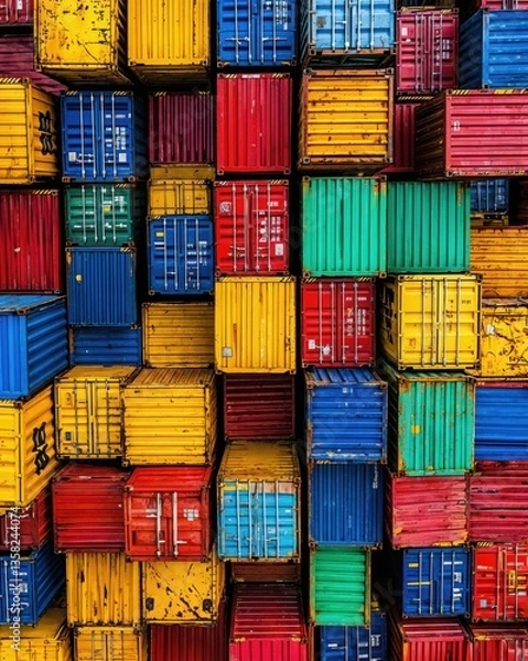 Obraz Colorful shipping containers create a striking mosaic at a busy container terminal, showcasing the global trade that drives commerce and logistics. The colors pop vividly under the afternoon sun.