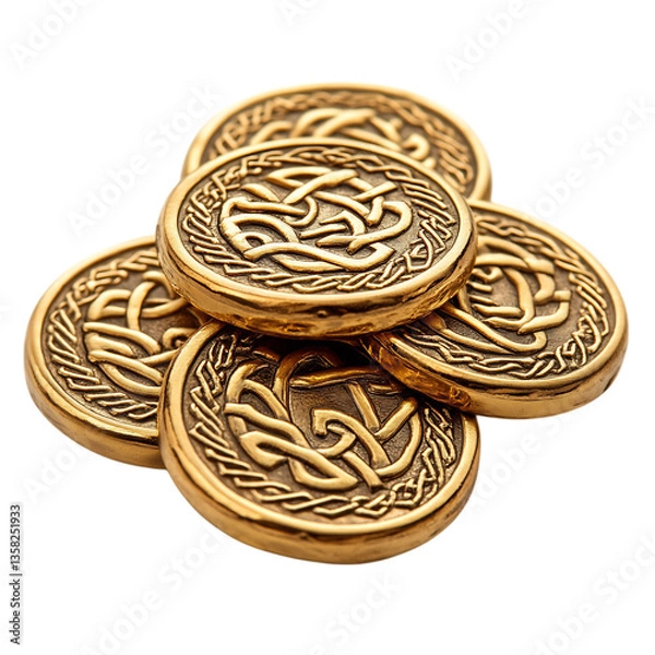 Fototapeta A Small Pile of Shiny Gold Coins with Detailed Celtic Design Isolated on Transparent Background