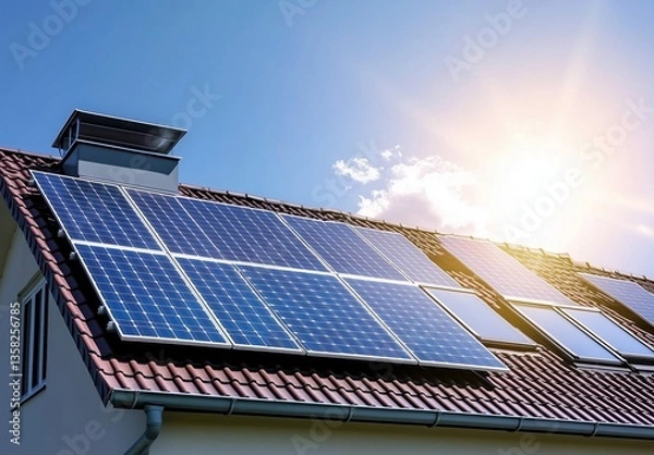 Fototapeta Photo of solar panels on the roof on a sunny day, a photovoltaic installation and a modern house with a red tile roof, the sun shining through the sky, against a blue background.