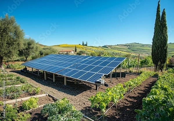 Fototapeta Solar panels on the ground in front of a vegetable garden, a clear blue sky with no clouds or sun visible.