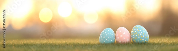 Obraz colorful easter eggs on a green grass meadow with sun rays in the backgrou